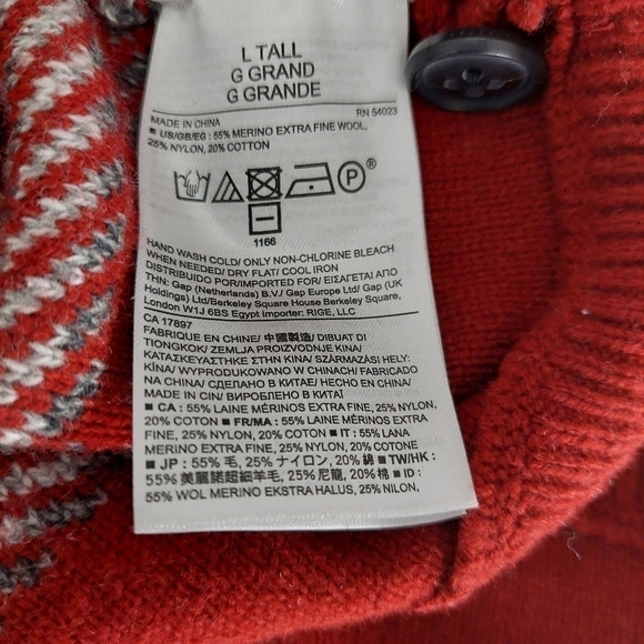 Banana Republic Button V Neck Knit Sweater Red Grey Striped Wool Blend Mens Sz L - Picture 9 of 9